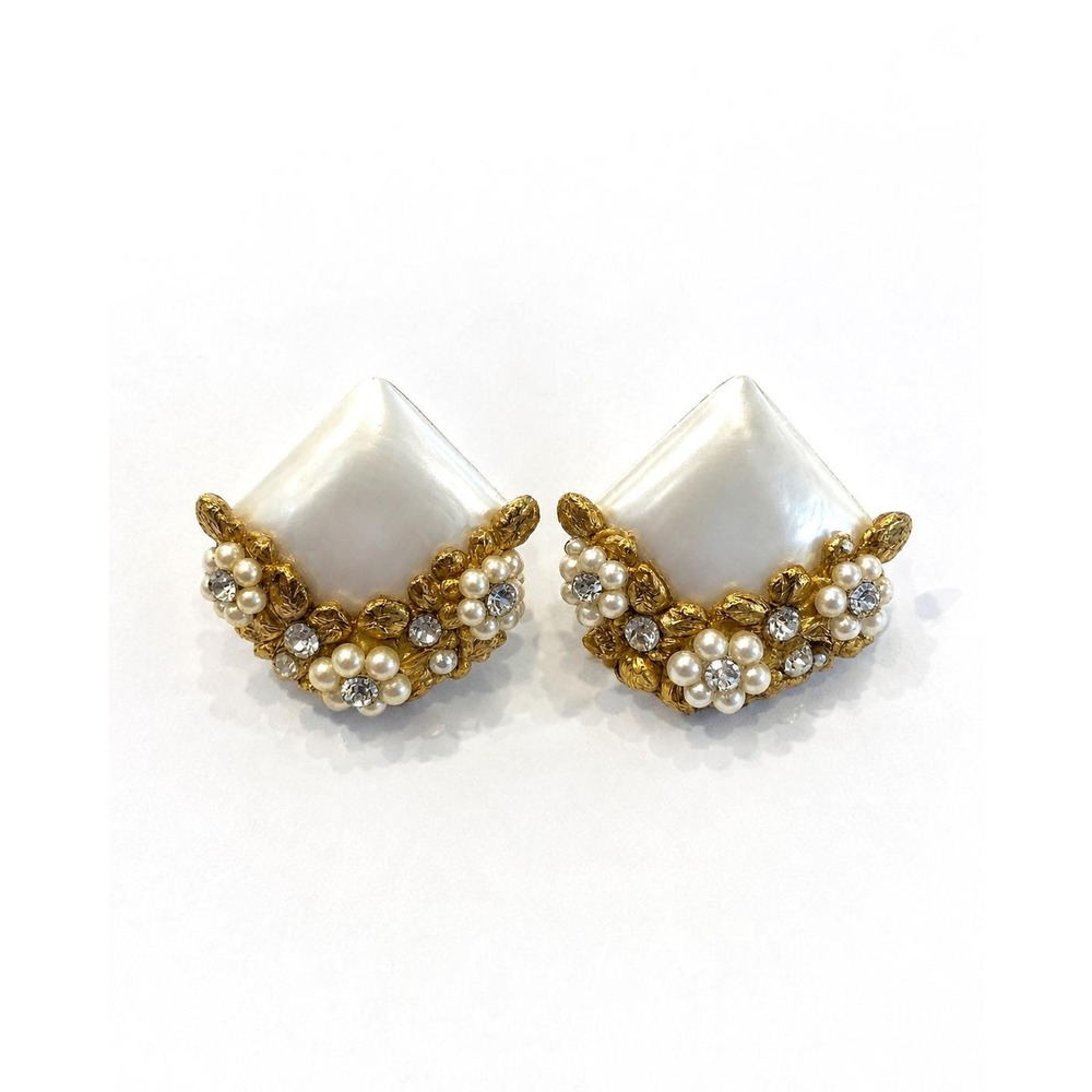 Vintage Elegant Clip on Earrings Gold Tone Filigree Faux Pearls & Rhinestones